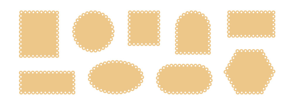 Border coupon, biscuit label shape and badge emblem with ornate frame. Set of decorative scalloped frame design for label invitation, packaging, tag .