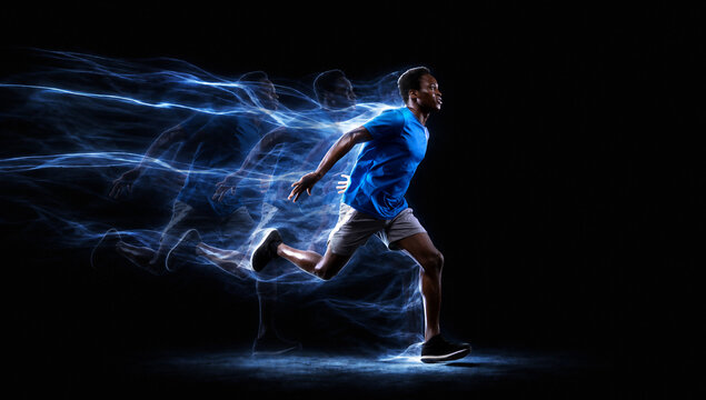 Male runner drives forward with blue energy streams emphasizing speed and momentum. Concept of running gear, performance coaching and fitness platform ads.