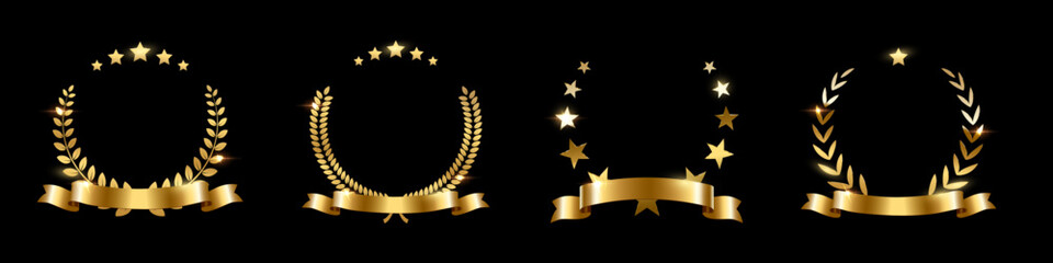 Naklejka premium Gold award laurel wreaths with stars, ribbon and empty place for name of winner. Golden prize for awarding ceremony, championship, best player, diploma. Quality certified icon. Vector illustration.