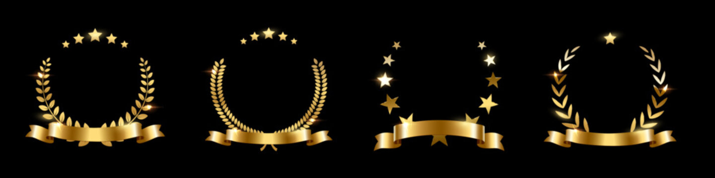 Gold award laurel wreaths with stars, ribbon and empty place for name of winner. Golden prize for awarding ceremony, championship, best player, diploma. Quality certified icon. Vector illustration.