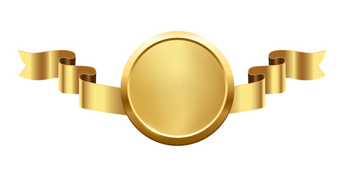 Gold medal with horizontal ribbon. 3d golden award badge isolated on white. Design element for labels, certificates, prizes, winners, sales, discounts, diplomas. Realistic vector illustration.