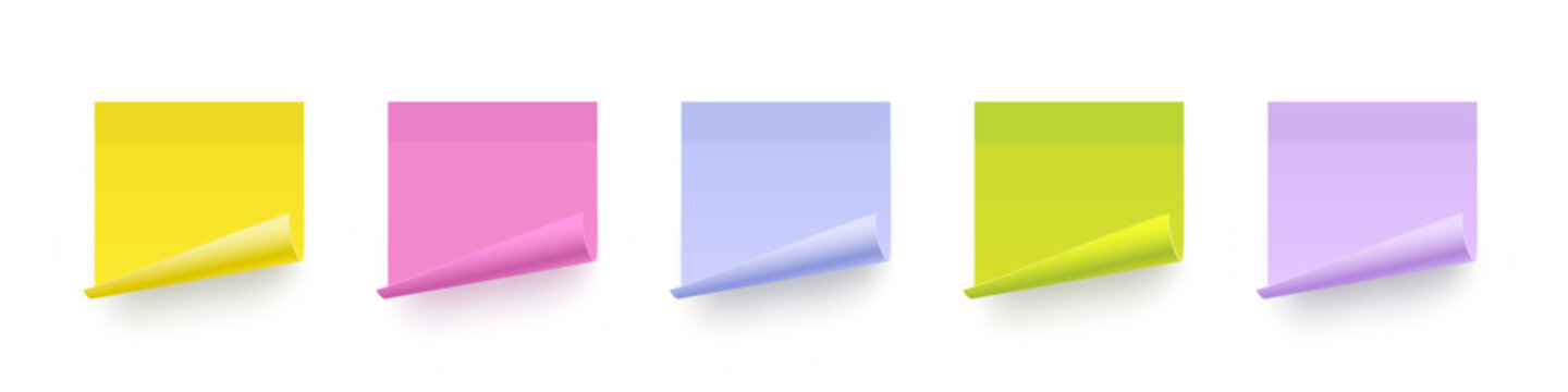 Post notes. Color sticky square note papers with curled corner. Blank adhesive notepad page templates isolated on white background. Realistic vector illustrations set for reminders and memos.