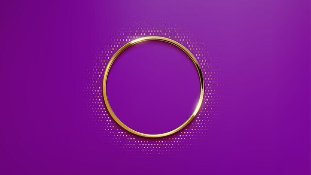 Golden circle frame with dotted halftone light effect on purple background. Gold circular glowing metallic ring, button, stamp, emblem, sticker, label. Modern luxury abstract vector illustration