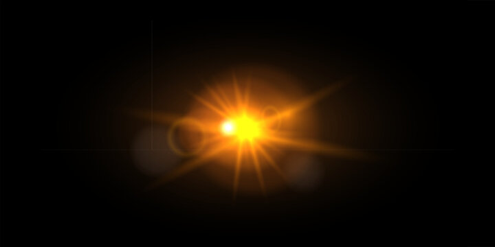 Light flare on dark background. Bright golden sun flare with glowing light rays. Radiant sunlight burst effect for design, photo overlays, or dramatic lighting. Abstract vector illustration.