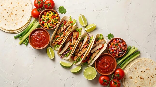 A vibrant assortment of authentic comida mexicana including grilled chicken tacos, fresh pico de gallo, salsa, lime wedges, and soft tortillas on a table