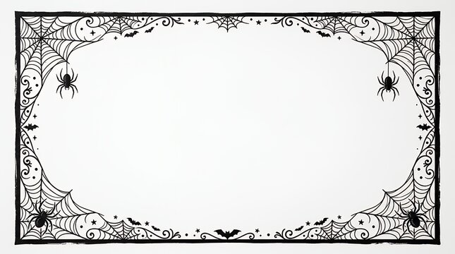 Spooky Halloween Holiday Poster Design Frame Featuring Spider Webs in Corners on Clean White Backdrop for Trick or Treat Party Announcements happy halloween background poster black frame spider web