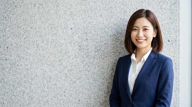 プロフィール写真をイメージした、御影石の壁を背にして立ち、穏やかな笑顔をカメラに向けている知的な印象の20代日本人女性社員のバストアップポートレート