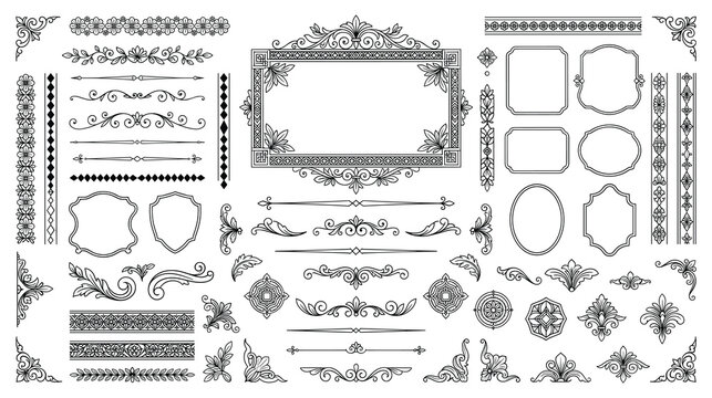 Vintage ornamental dividers and classic filigree frames set art.