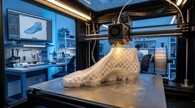Industrial 3D printer creating a custom orthopedic shoe sole for advanced foot care solutions.