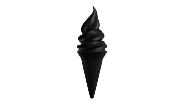 Black ice cream cone featuring a rich dark swirl isolated on a white background provides a trendy gourmet dessert concept.