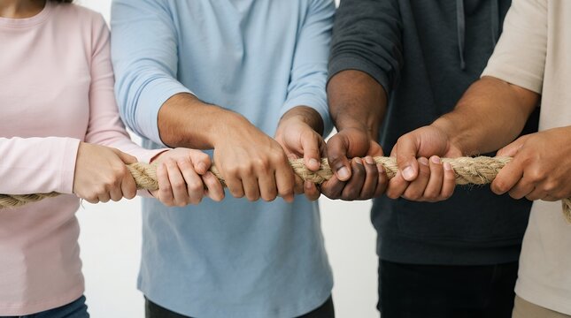 Diverse business team pulling rope together, concept of unity and corporate teamwork, close-up of hands holding rope