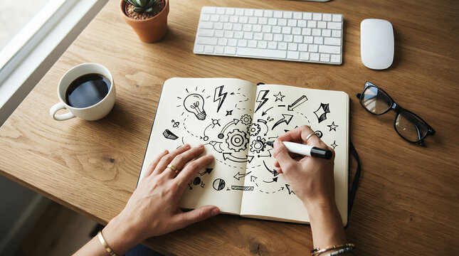 Creative brainstorming in notebook, hand drawing business strategy doodles on wooden desk, designer sketching ideas