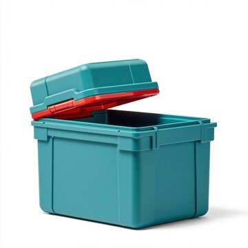Open teal plastic storage box with red hinge and lid resting on white background