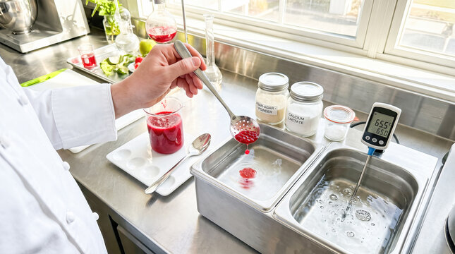 professional chef wearing white coat using slotted spoon dropping red fruit liquid into water bath creating edible spheres atop stainless steel kitchen counter