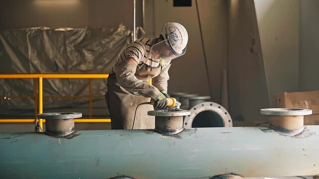 A metalworker wearing protective gloves uses an angle grinder to cut steel, creating sparks in a workshop environment. Focus on safety and precision.