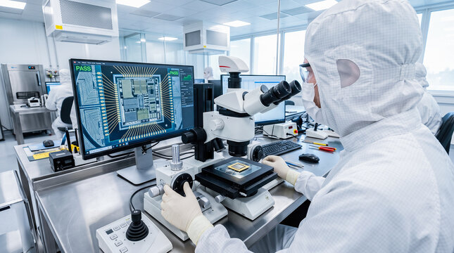 technician wearing white protective cleanroom suit inspecting silicon wafer chip under microscope near computer monitor displaying circuit board schematics during daytime