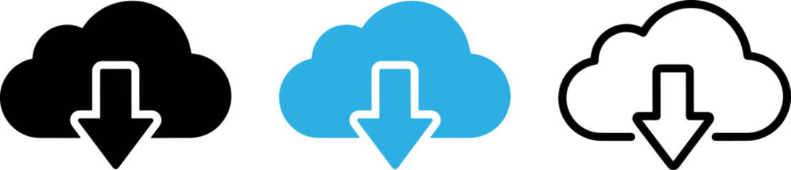 Obraz premium Cloud download icon vector set including halftone effect, solid blue, and black outline versions for web.