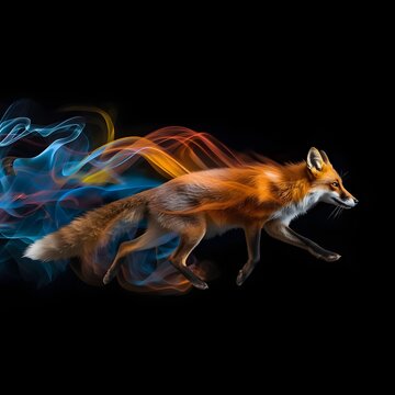 red fox running with tail dissolving into colourful smoke trails on black background
