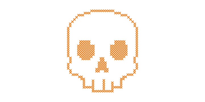Cross stitch Halloween skull element. Spooky embroidery folk art clip art. Skeleton head motif for digital crafting and seasonal holiday graphics. 