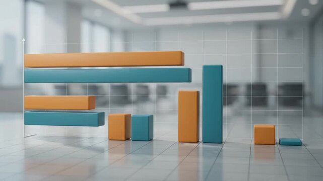 3D bar chart with orange and blue bars representing business data in a modern office setting.