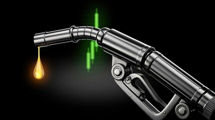 Naklejka premium Black fuel pump nozzle dispensing a glowing yellow oil drop against dark background with green financial chart