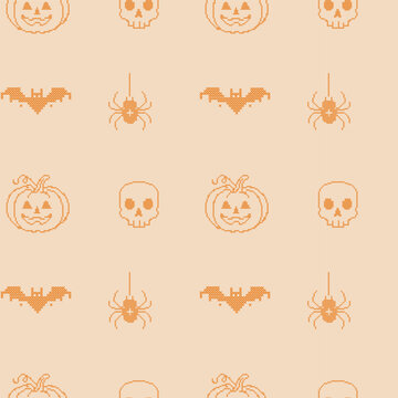 Gothic cross stitch Halloween seamless pattern. Boho embroidery folk art texture. Repeatable pumpkin, skull, bat, and spider motif on backdrop for digital scrapbooking, autumn textiles, eerie design.