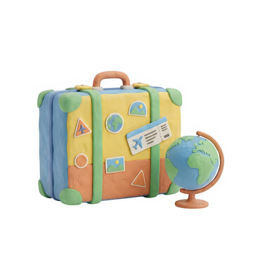 Colorful travel suitcase and globe icon isolated on transparent background