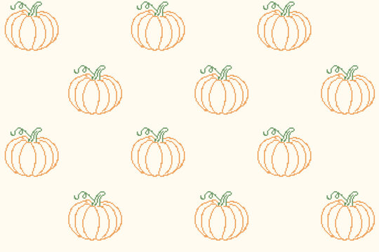 Autumn pumpkin cross stitch embroidery seamless pattern banner. Vintage pixelated needlework repeating background with handmade monochrome orange squash vector illustration.