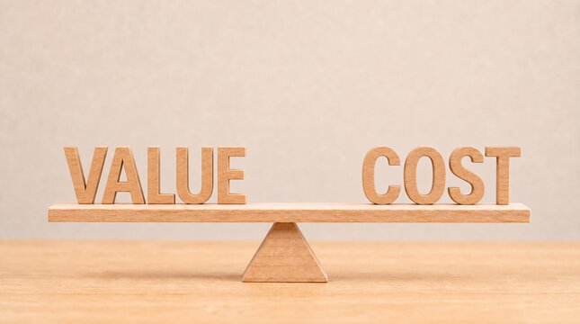 Wooden Seesaw Balancing the Words Value and Cost on a Light Background, Representing Business Strategy and Financial Equilibrium