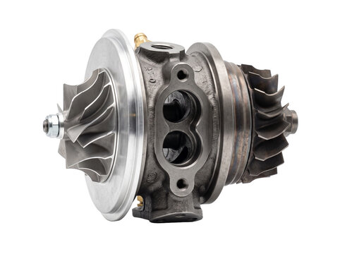 Turbocharger cartridge CHRA turbine wheel assembly for automotive engine performance boost isolated on black background for mechanic repair service vehicle tuning precision engineering metal spare par