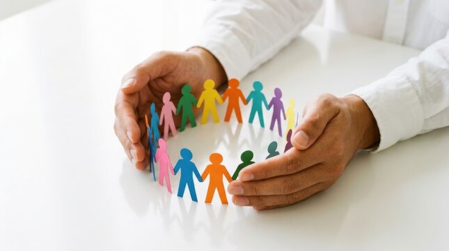 Diverse teamwork concept with hands holding colorful paper cutout figures in business collaboration
