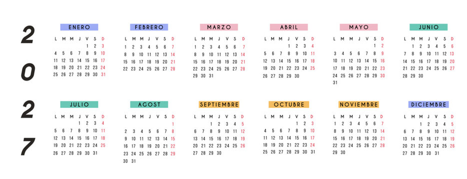 2027 Spanish calendar template horizontal landscape layout. Colorful pastel color block 12 month yearly wall and desk planner in Spanish language for home and office organization.