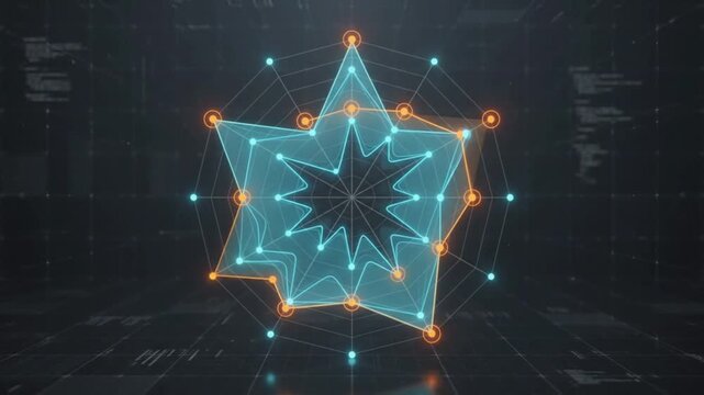 Futuristic glowing radar chart displaying complex data visualization with multiple axes and comparative polygons on a dark digital background.