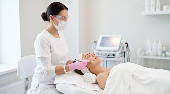 Professional cosmetologist aesthetic treatment including botox, mesotherapy, dermastamp, laser hair removal, facial cleansing, hydra facial, face massage, peeling, and an anti-age procedure on a femal