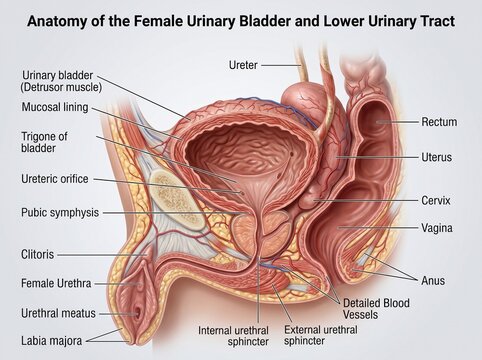 Visualization of the female bladder anatomy, showing internal structures and their relationship with the ureters and urethra.