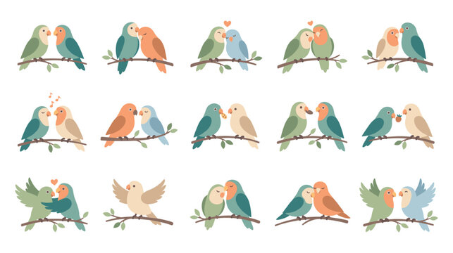 Cute cartoon lovebirds collection with colorful parrots on branches.