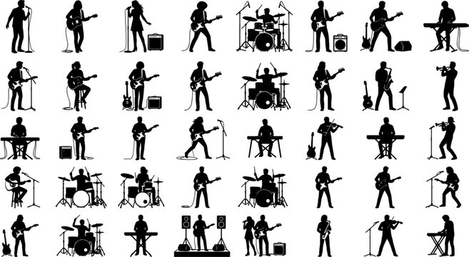 Musician and rock band silhouette vector icon set featuring black stencil illustrations of singers guitarists drummers keyboard players and wind instruments