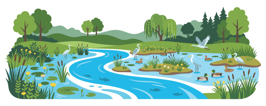 Wetland ecosystem landscape with winding blue river and waterfowl.