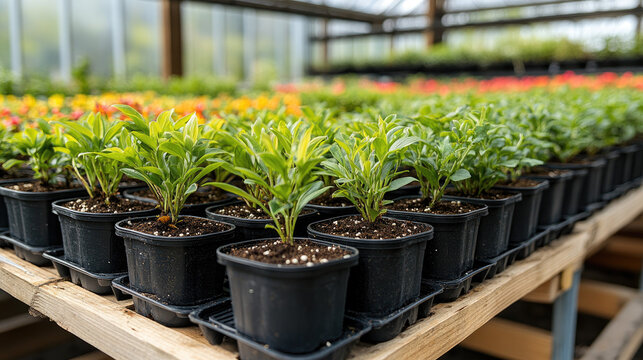 Nursery Greenhouse Rows of Young Plants in Black Pots, Vibrant Green Foliage, Blurred Colorful Background, Agriculture Growth Concept