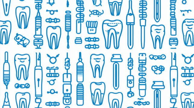 medical wallpaper featuring a repeating pattern of orthodontics and general dentistry line icons. Bright blue outlines represent dental drills, braces, toothbrushes, and healthy molar teeth. 