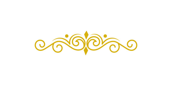 An intricate golden vintage flourish divider with symmetrical swirls, elegant scrolls, and diamond shapes, isolated on transparent background