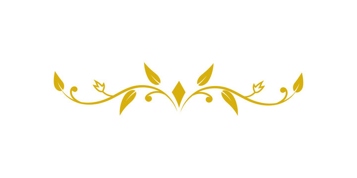 Golden floral divider with leaves and a central diamond shape isolated on transparent background
