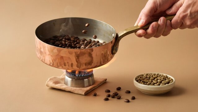 Hand roasting coffee beans in copper pan over gas burner with traditional kitchen arabica roaster cooking process roasted brewing manual with making