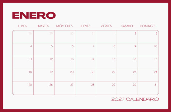 January 2027 Spanish monthly calendar template horizontal landscape page. Minimalist printable month planner grid for corporate office, school study, family schedule and event planning.