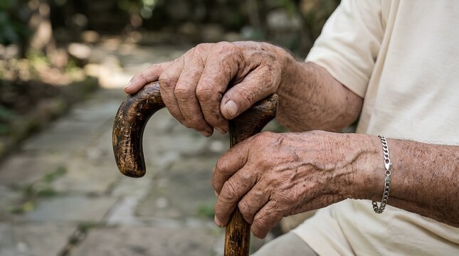 Close Up Of Elderly Man Hands Gripping Wooden Walking Cane For Support Sitting Outdoors In Garden