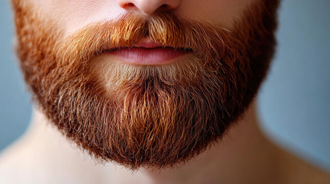 Close-up of a man's ginger beard and lips, showing texture and detail. Healthy facial hair grooming.