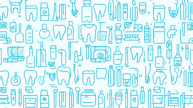 resolution seamless pattern featuring dental and orthodontic line icons in bright blue outlines on white background, includes tooth braces dental chair floss toothbrush toothpaste and tools, 