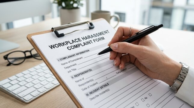 Professional completing worker compensation claim form with pen in office setting