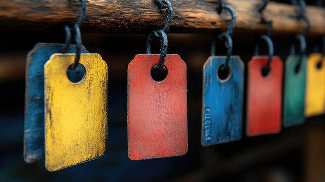 Row of colorful, weathered blank tags hanging on a wooden beam, rustic, vintage style, concept of identification, memory, or lost items.