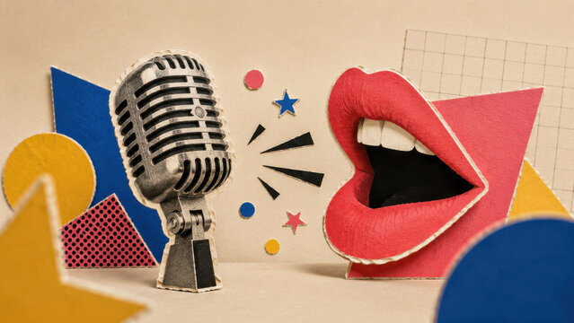 image.pnVintage chrome microphone facing a pair of open red paper lips with bold shapes and stars on cream card